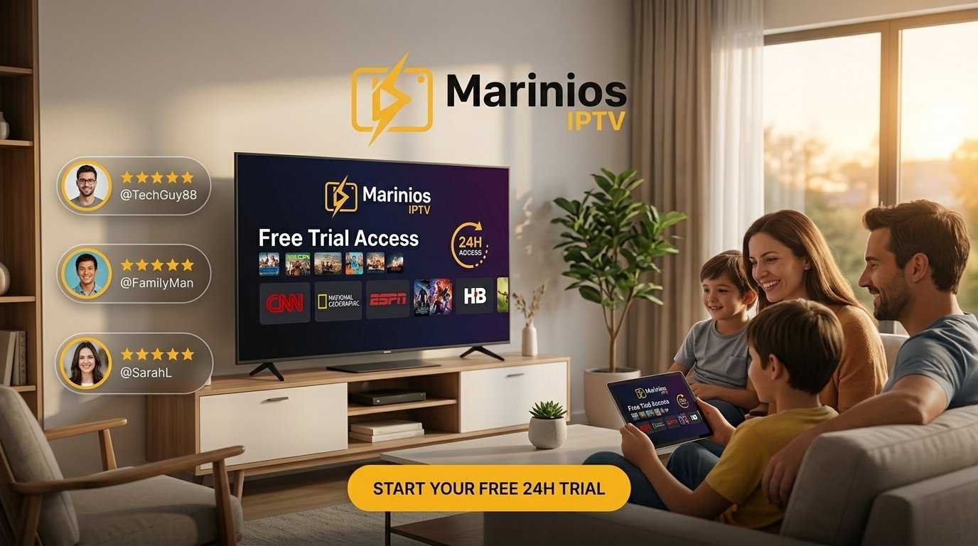 Marinios IPTV free trial playing on a TV at home