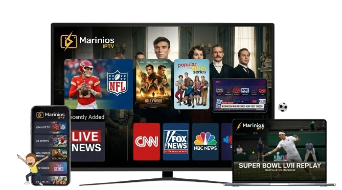 Marinios IPTV running on a Smart TV, laptop and phone